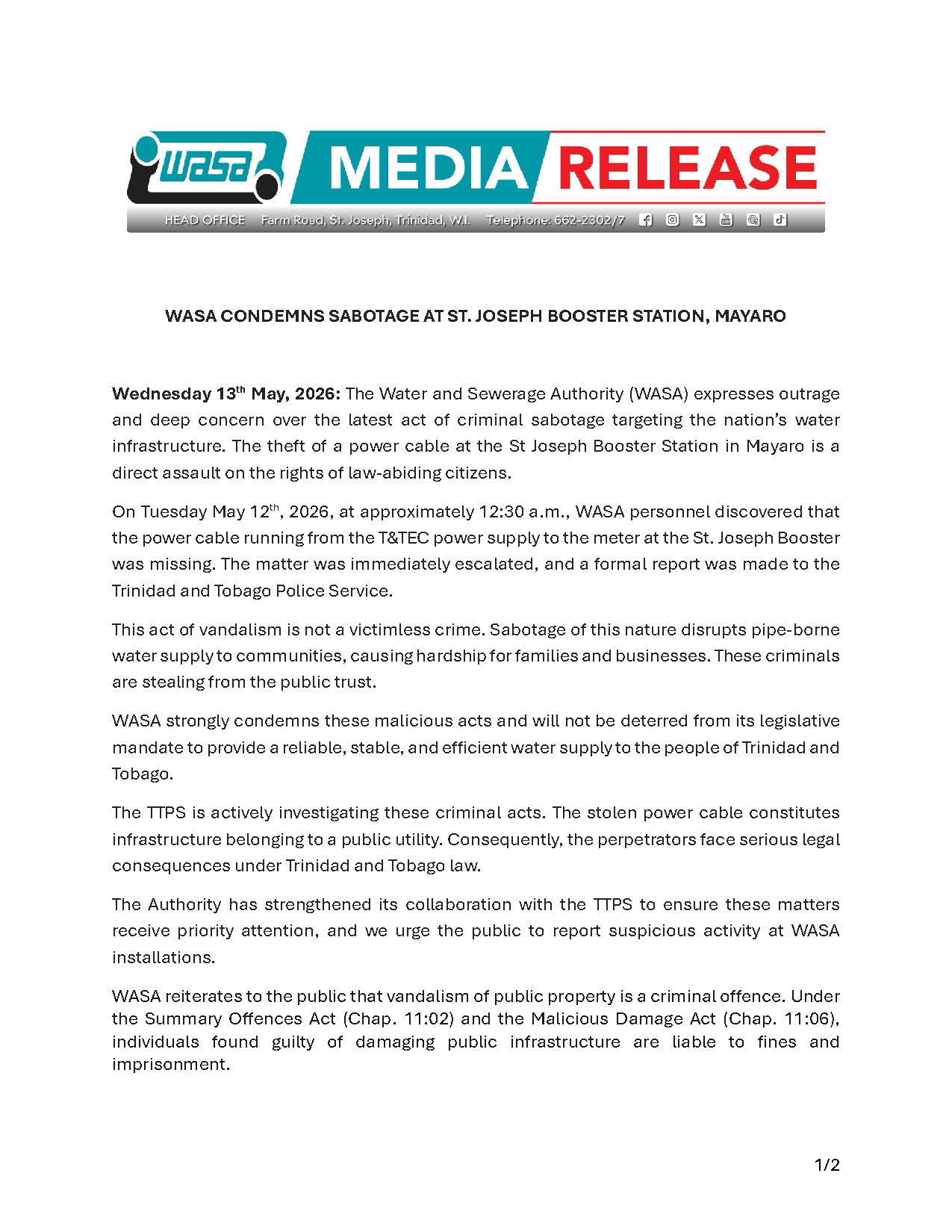 WASA Condemns Vandalism at St. Joseph Booster Mayaro -pg1